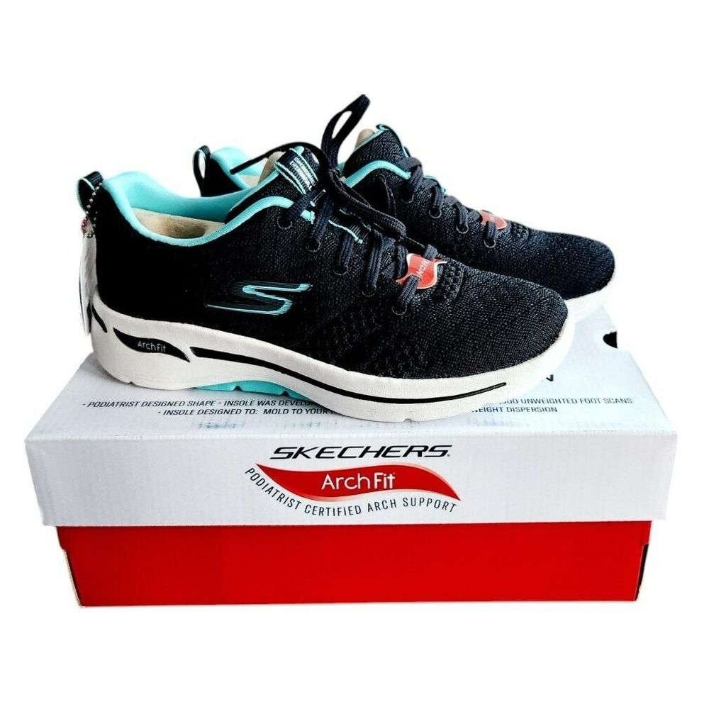 Skechers‎ Go Walk Arch Fit Black Aqua Blue Athletic Walking Shoes Womens 6